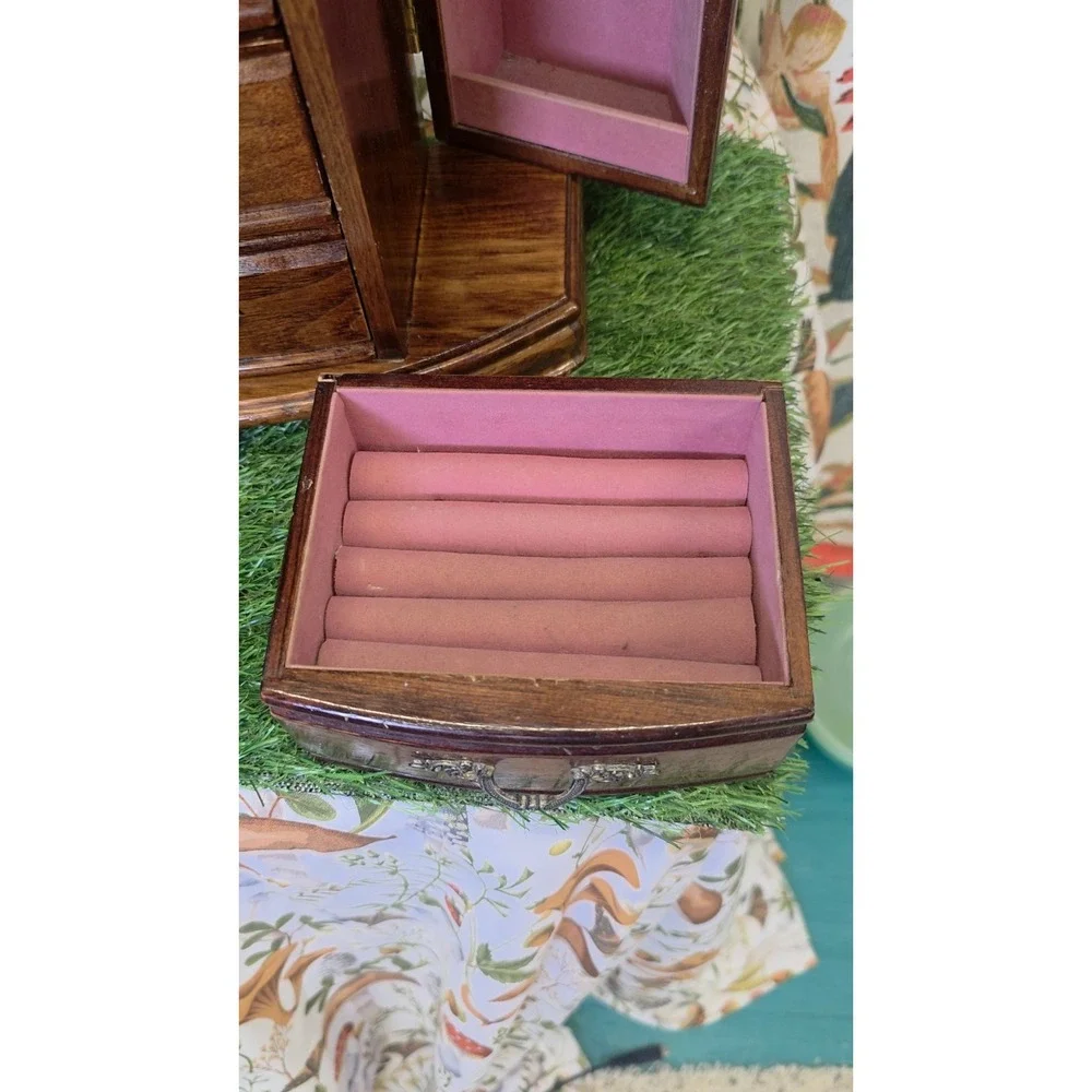 Vintage Mele Oak Wood Jewelry Box Drawers, Doors, And Lift Top 13.75